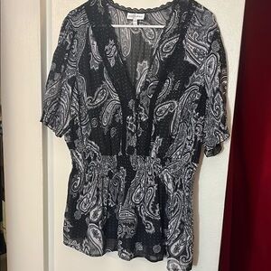 Fashion Bug Black and White Flutter Sleeve Smocked Blouse